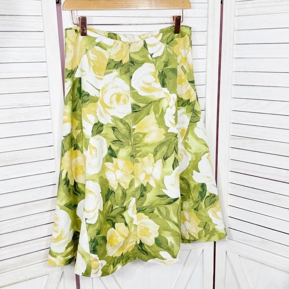 Premise Floral Roses Linen Blend A Line Flare Midi Skirt Lime Green Yellow 4‎